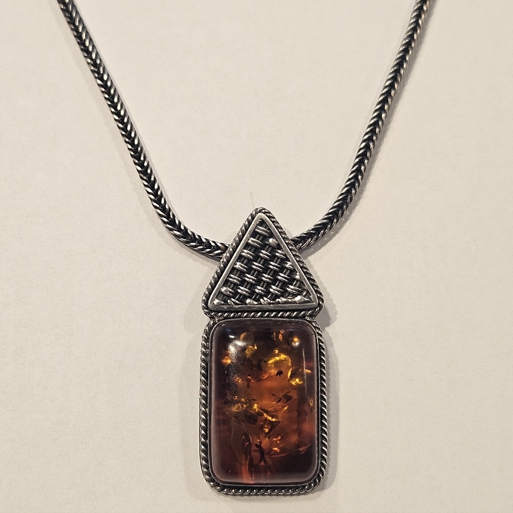 40g Vintage 90's Lori Bonn 30" Sterling Silver Amber Necklace & Pendant